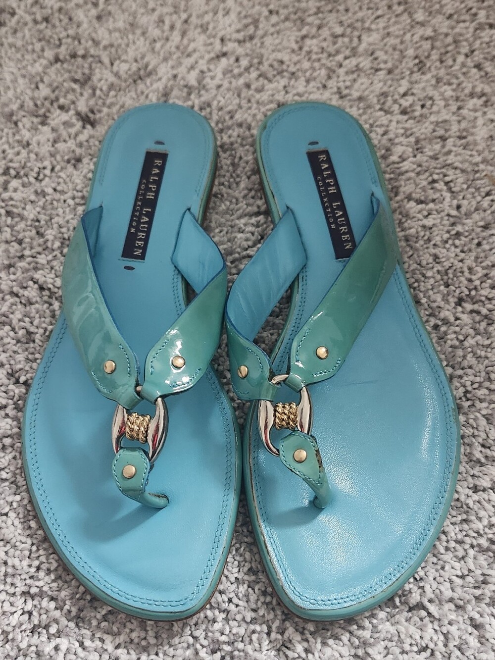 Ralph Lauren Purple Label $395 Patent Leather Sandals Size 6 B Torquoise Gold